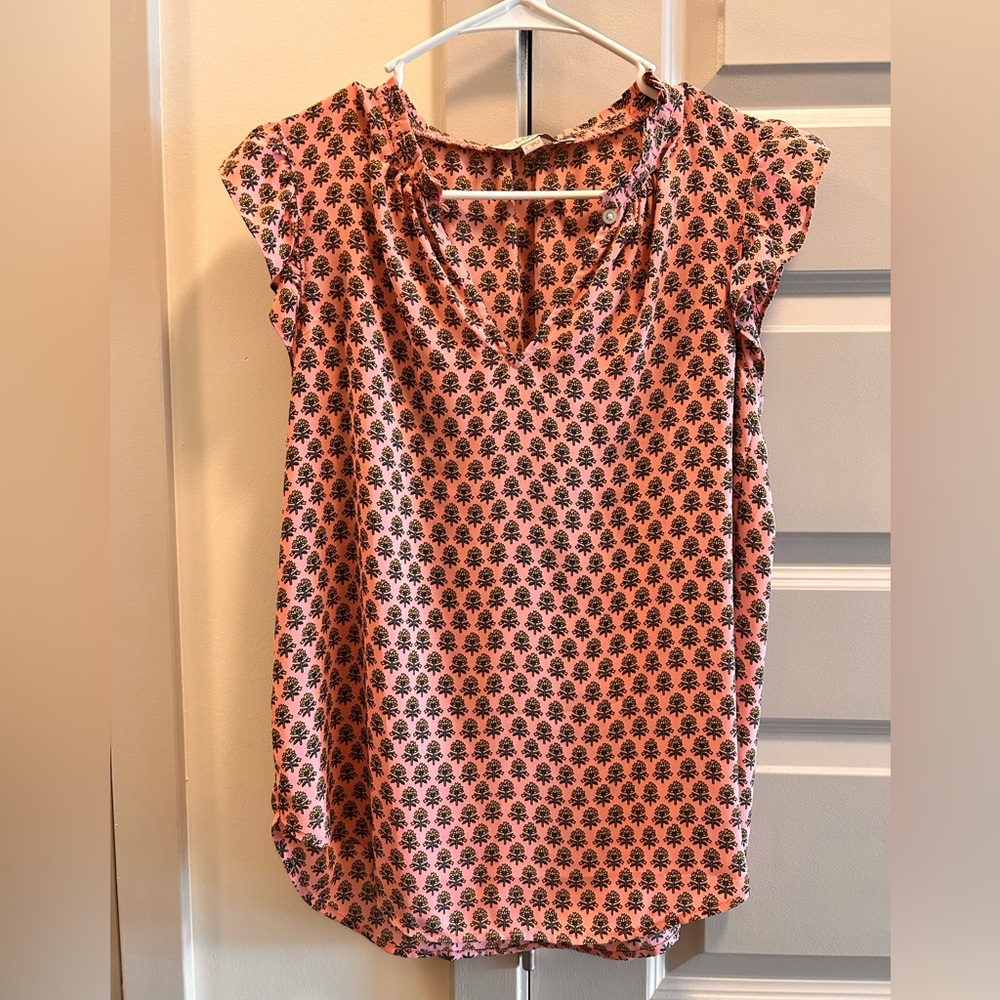 LOFT Pink Cap-Sleeve V-Neck Top with Black Floral Motif